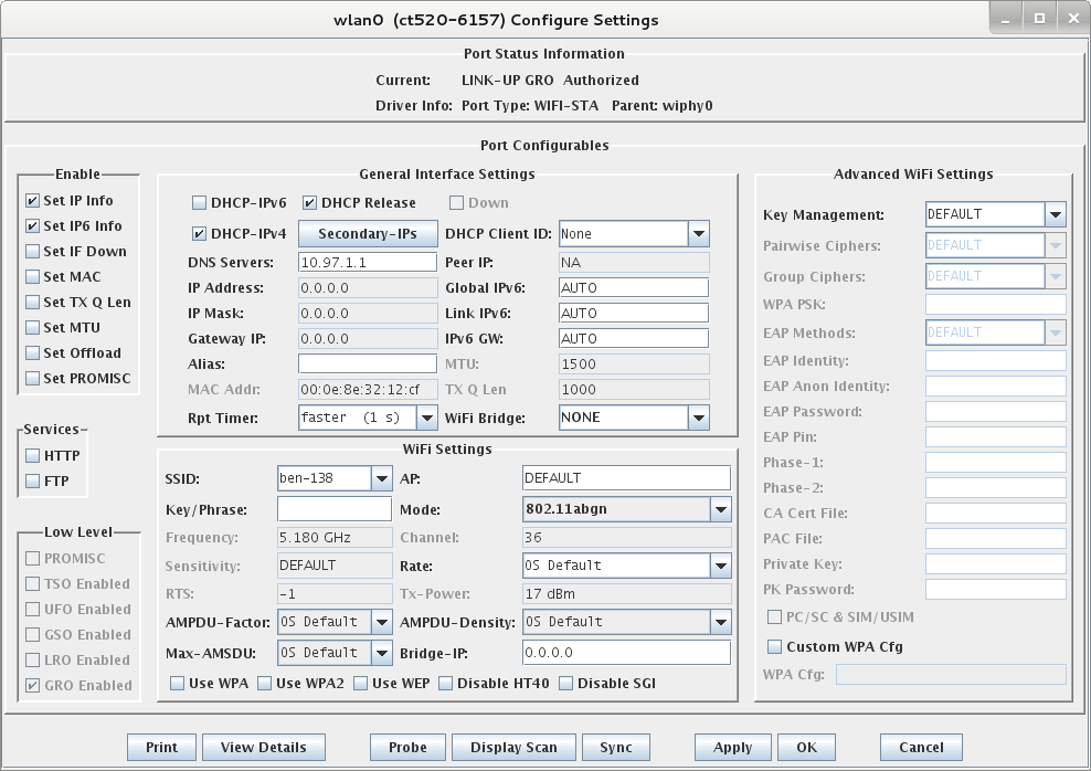 LANforge WiFIRE Test WiFi Station Upload Throughput- WLan Configure Settings