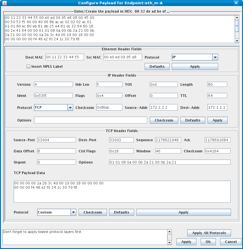LANforge Custom Ethernet Payload Configuration Tool