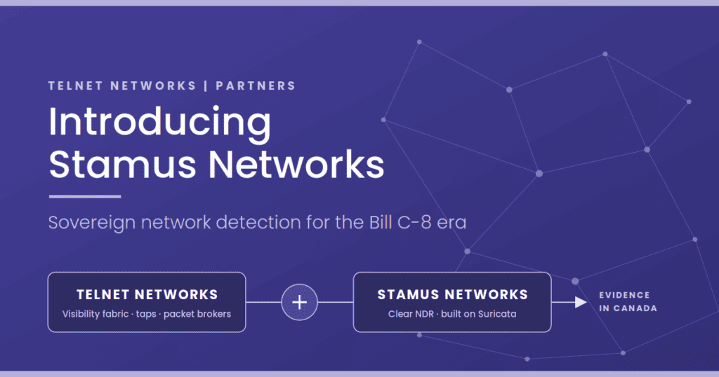Telnet Networks and Stamus Networks partnership lockup over a network topology motif, announcing Stamus Networks Canada partnership